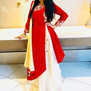 Elegant Red and Cream Embroidered two piece lehenga